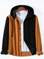 Men's Solid Color Patchwork Spring-Autumn Fashion Long-Sleeved Hooded Shirt Sweater Coat - Chocolate