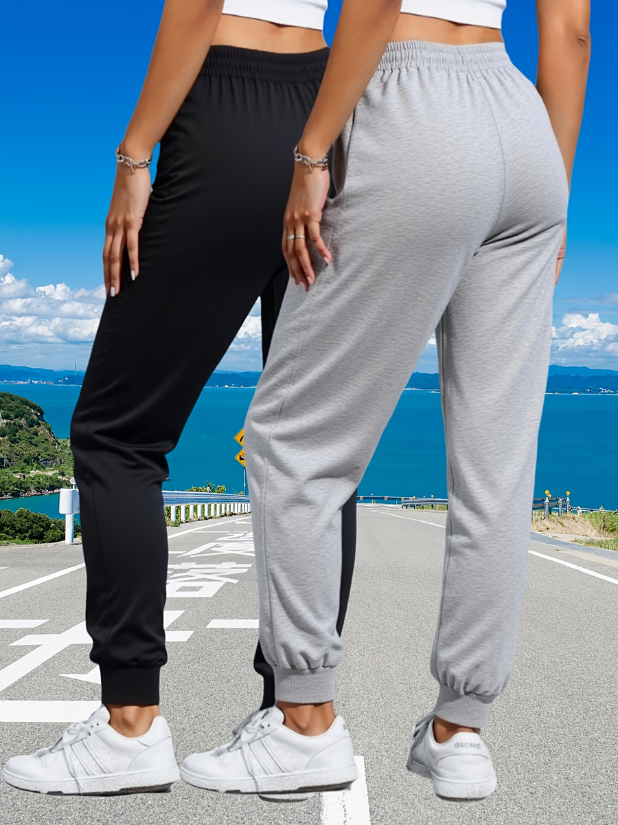 Women's 2pcs Casual Joggers with Drawstring Waist - Comfortable, Loose Fit Sweatpants with Pockets, Solid Color, Ladies Jogging Suits - Light Grey+Black