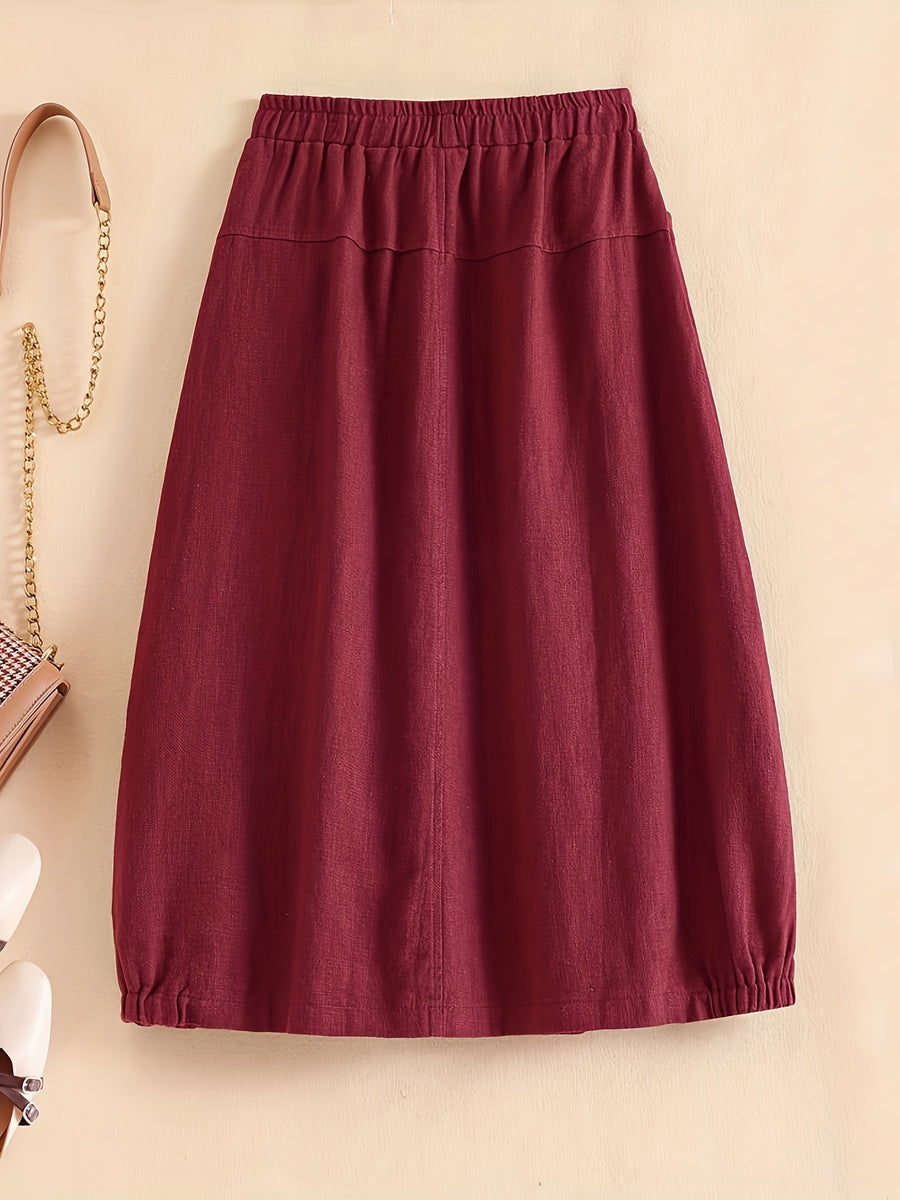 New Spring Summer Autumn Thin Korean Style Linen Loose Half Skirt with Pockets, Elastic Waist Linen Dress, Mid-Length Lantern Hem Women'S Skirt - Burgundy