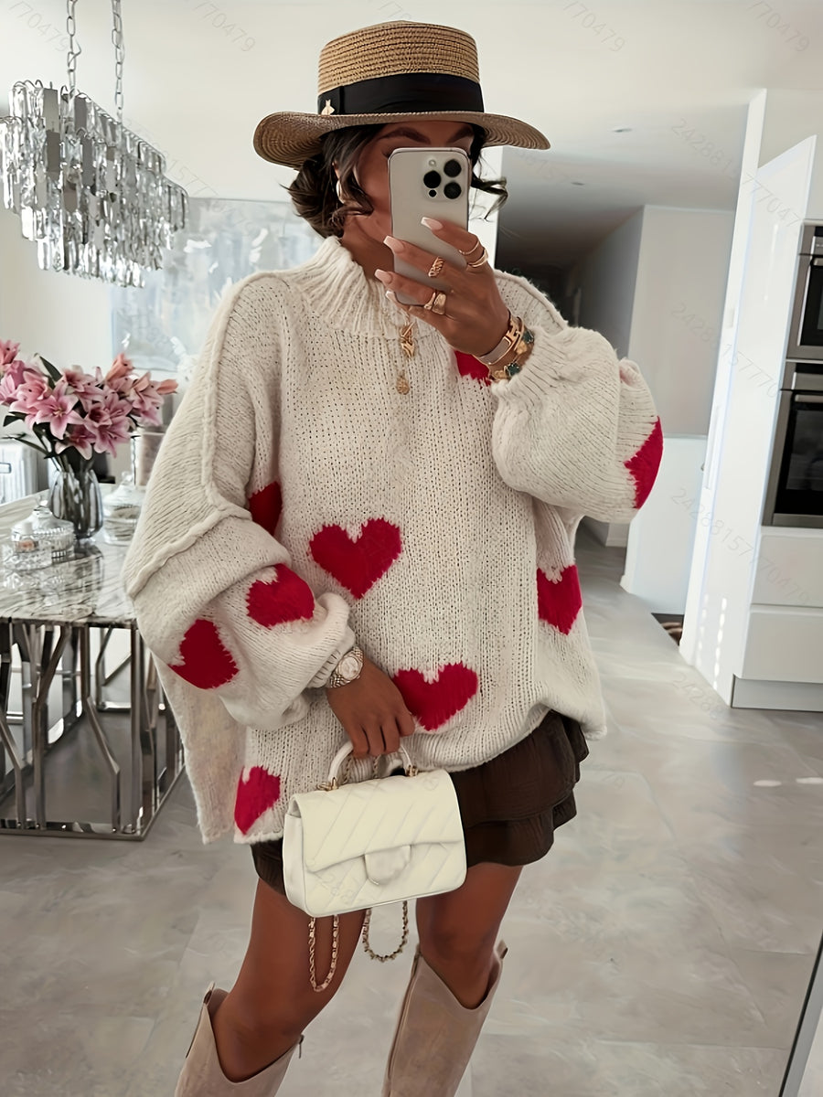 Women's Elegant Loose Fit Heart Pullover Sweater NS702 - Off-white