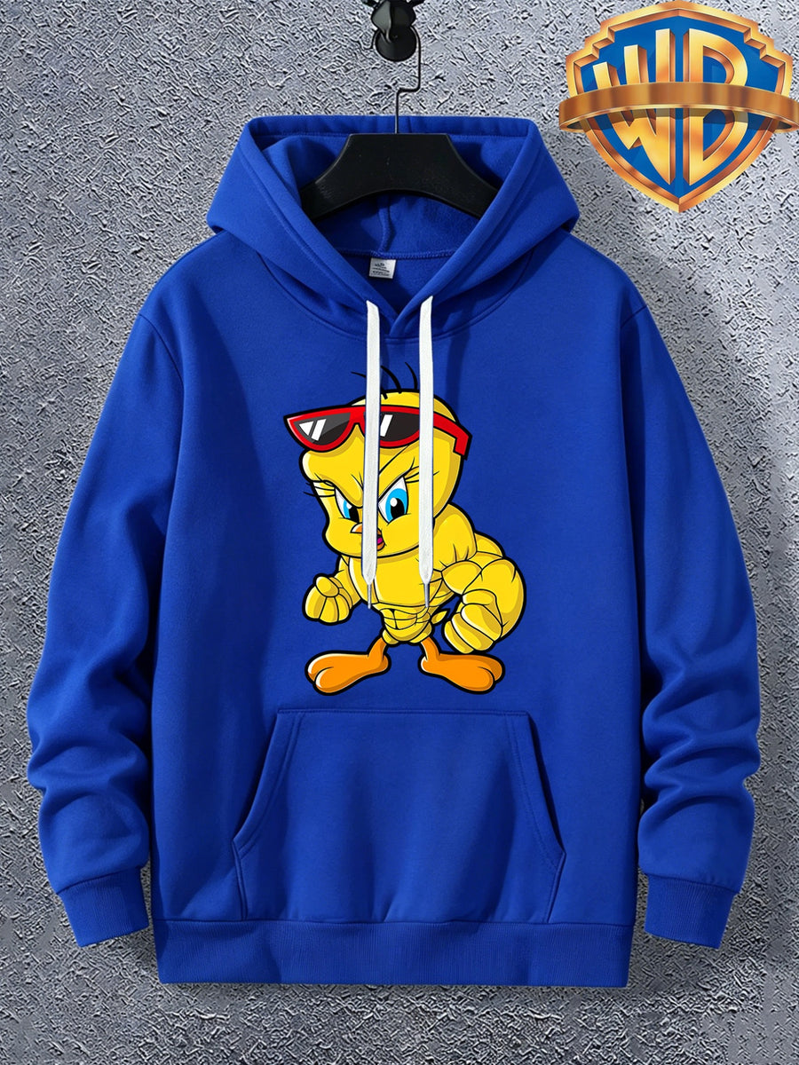 Warner Licensed Men'S Autumn Long Sleeve Hooded Sweatshirt, Durable Ribbed Cuffs, Breathable Polyester Fabric, Funny Muscle Bird Creative Cartoon Print, Suitable for Campus Youth Daily Wear, Class And Social Outings, Loose Drop Shoulder Cut - Color Blue