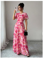 Elegant, Exquisite And Fashionable Floral Print Round Neck Short-Sleeve Long Dress - Red
