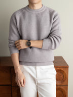 Winter New Round Neck Long Sleeve Thick Warm Men'S Sweater Off-Shoulder Style All-Match Casual Knit Top, Easy And Cool Base Layer Men'S Top, Comfortable And Breathable, Skin-Friendly Cold-Proof Pullover Clothing HF1193 - Light Purple