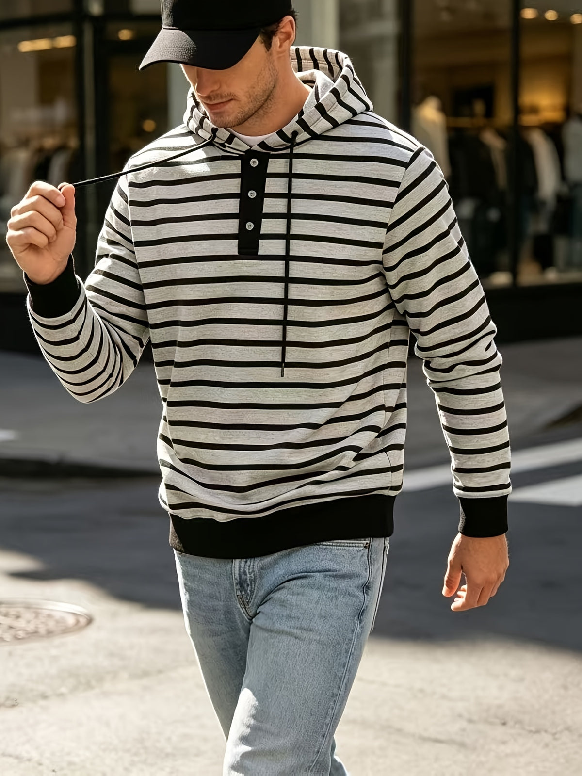 2026 New Men'S Striped Hooded Sweatshirt, Half-Button Drawstring Hoodie, Casual Long Sleeve Pullover Top - Light Grey