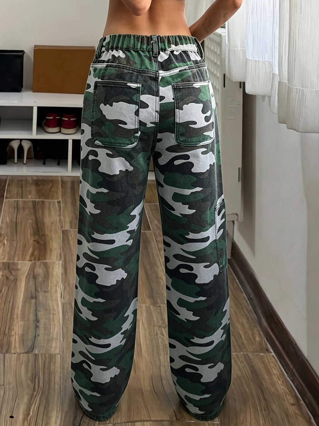 Women's Street Style Camouflage Print Multi-Pocket Denim Pants - Mixed colors