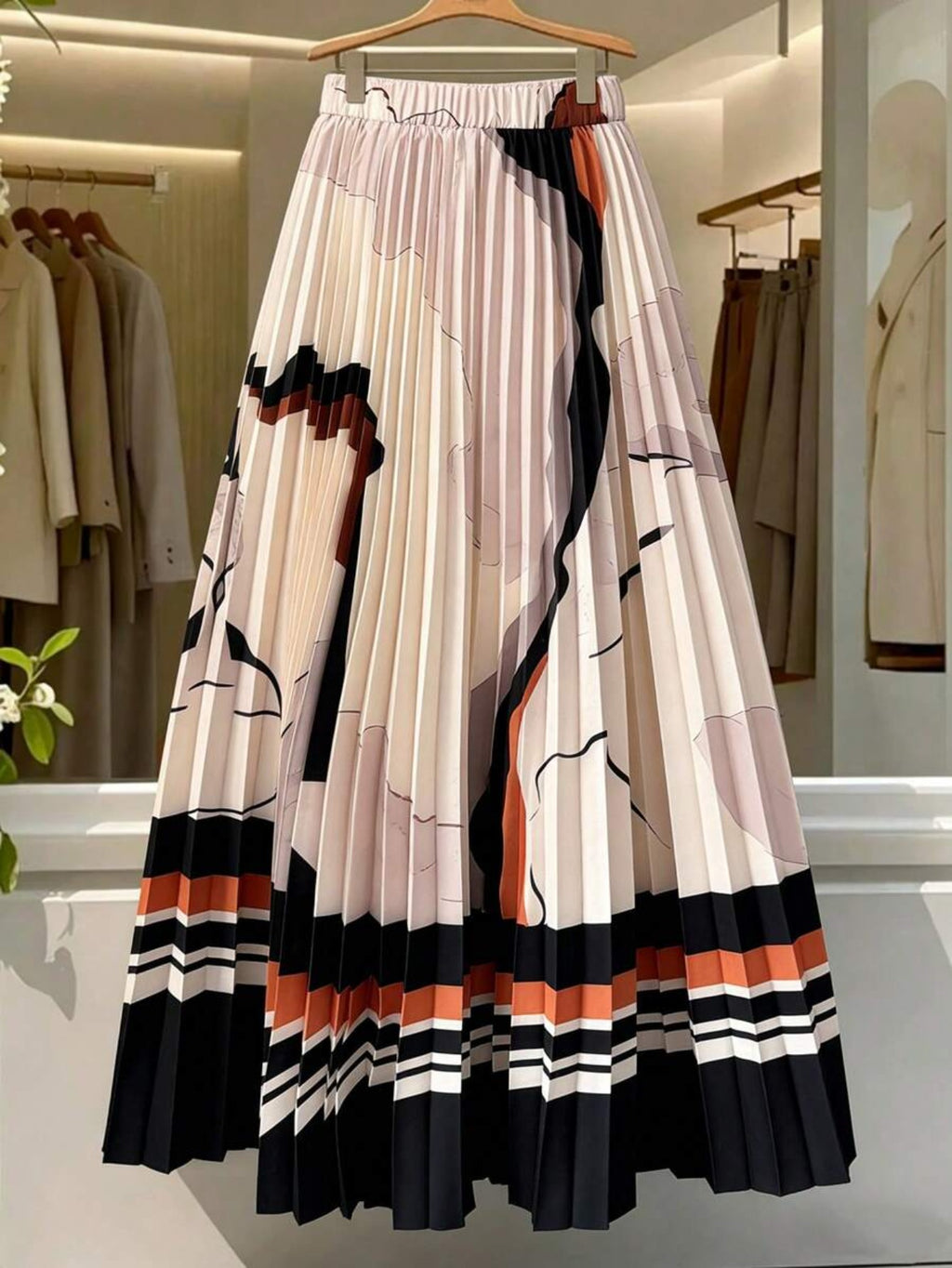 DW260507018 Women'S Summer Marble Print Digital Positioning Printed Skirt, Elastic Waistband Easy to Wear, Pleated A-Line Skirt - White