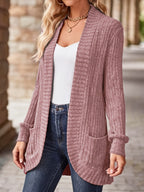 Women's Solid Color Brushed Casual Spliced Long Sleeve Cardigan - Dusty Rose