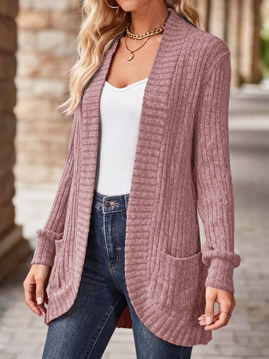Women's Solid Color Brushed Casual Spliced Long Sleeve Cardigan - Dusty Rose