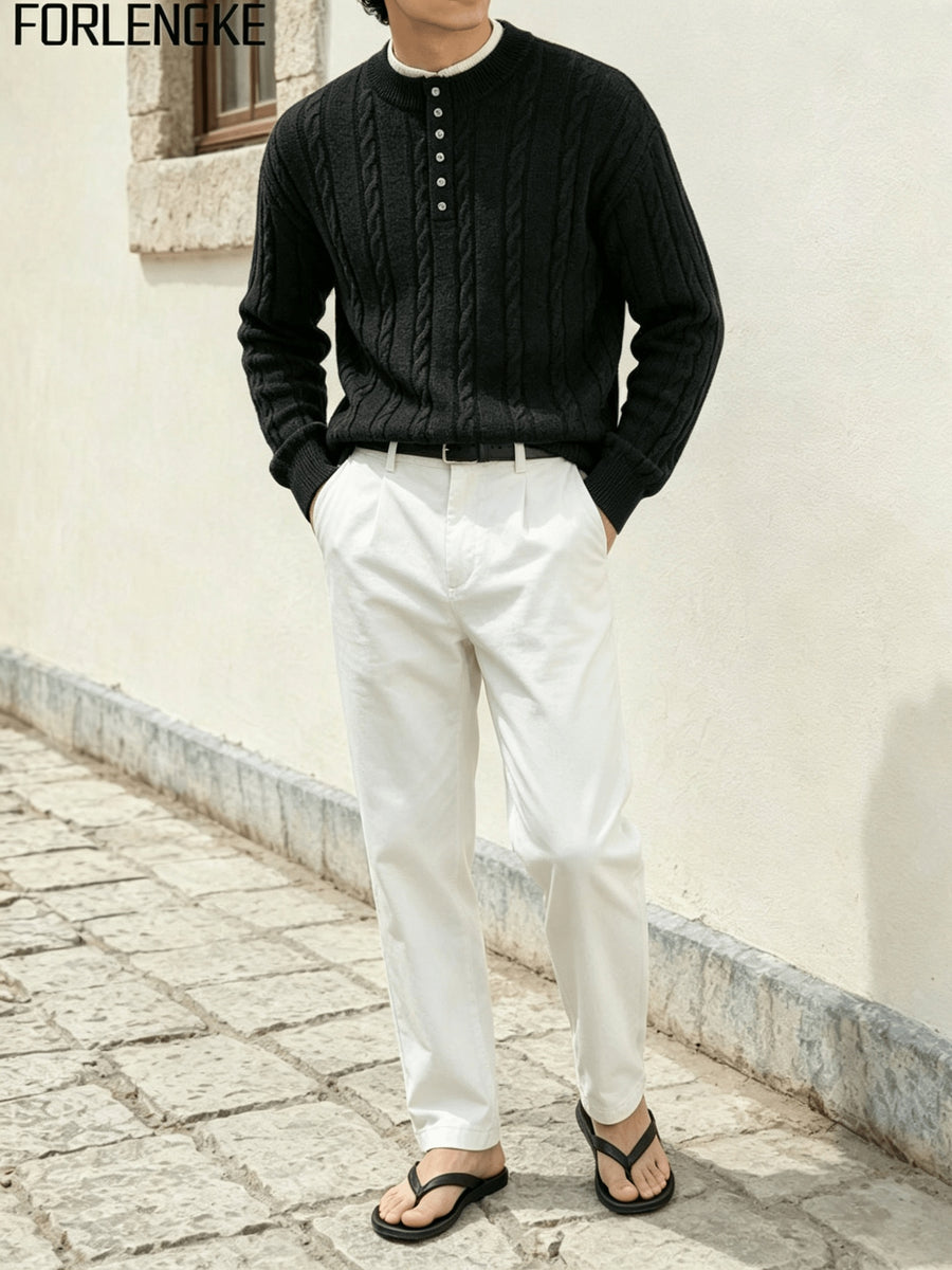 FORLENGKE Men's Autumn/Winter American-Style Relaxed Holiday Twist-Knit Henley Neck Knit Top, Solid Color Versatile for a Vacation Vibe, Suitable for Autumn/Winter Seaside Strolls, Town Wanders, Short Trips, Picnics, and Gatherings - Black