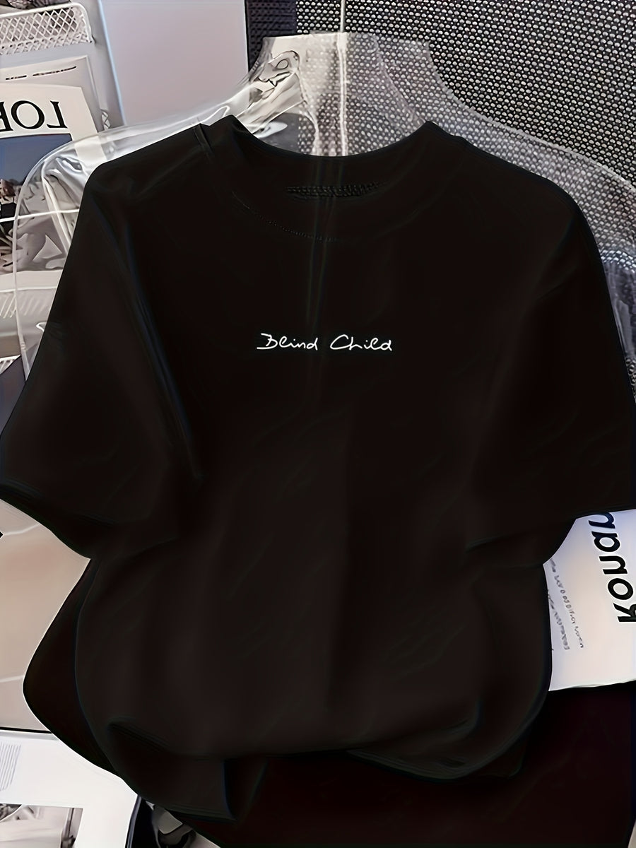 Niche Cute Letter Print Short Sleeve T-Shirt, Casual Short Sleeve - Fabric, Perfect Summer Choice Comfortable Women'S Fashion - Soft And Breathable, Daily Casual Wear - Black