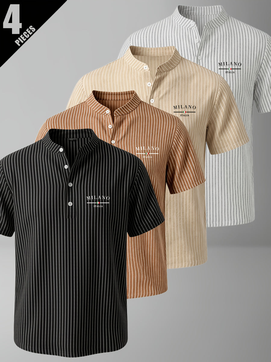 4pcs Men'S Summer Striped Linen Blend Henley Shirts, Milan Print Stand Collar Breathable Short Sleeve, Office Casual Versatile Top - Color Mixing 4