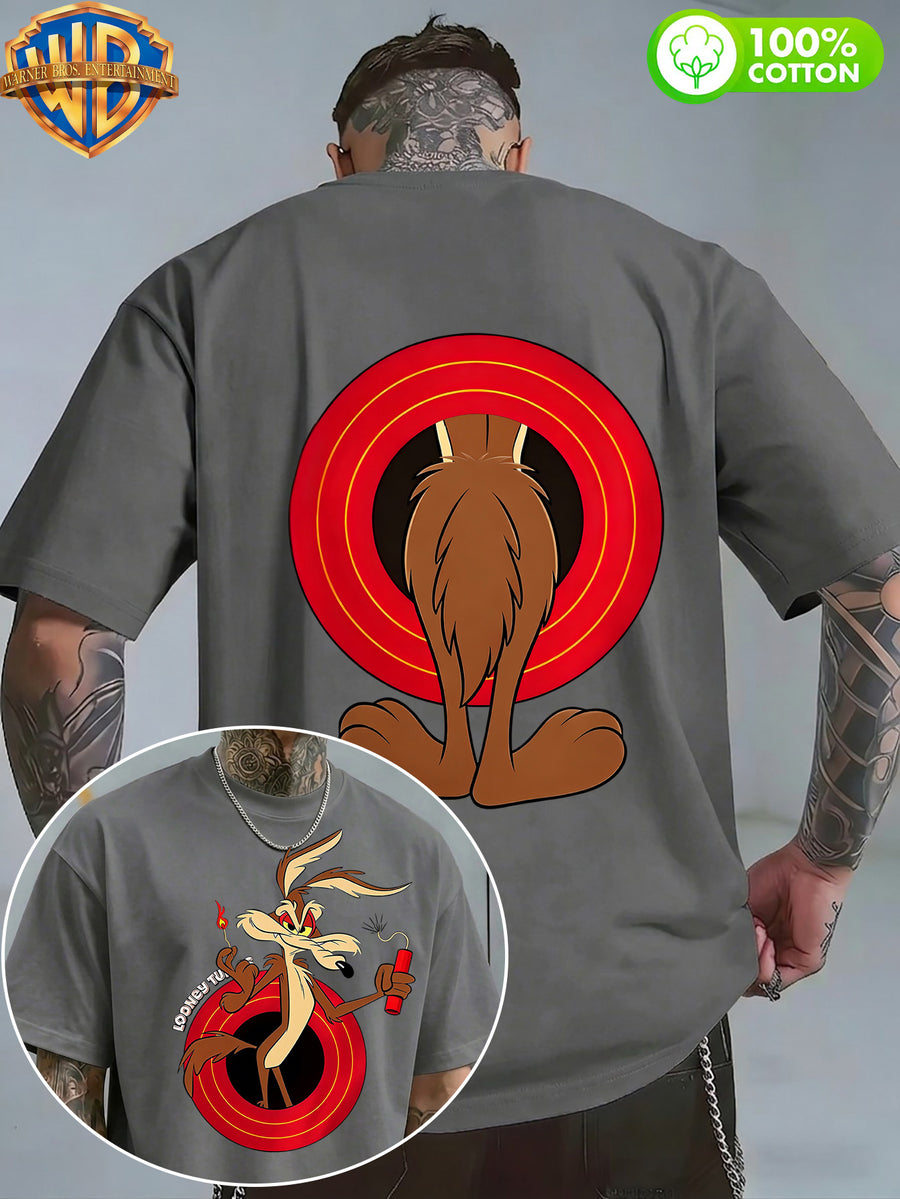 Authorized by Warner Bros., 1pc, American Retro Cartoon Contrast Sense Distorted Heart Wolf Trendy T-Shirt, Men'S 100% Casual Comfortable Versatile Loose Summer Short Sleeve T-Shirt, Double-Sided Print Front And Back, Suitable for Outdoor Wear, Gym - Dark Gray