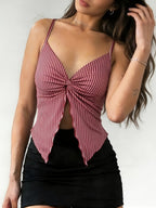 1pc Women'S Front-Slit Hem Camisole Top, Vacation Style, Design-Oriented Sexy Solid-Color Tank Top, Summer Cute Top Single Piece - Red And White