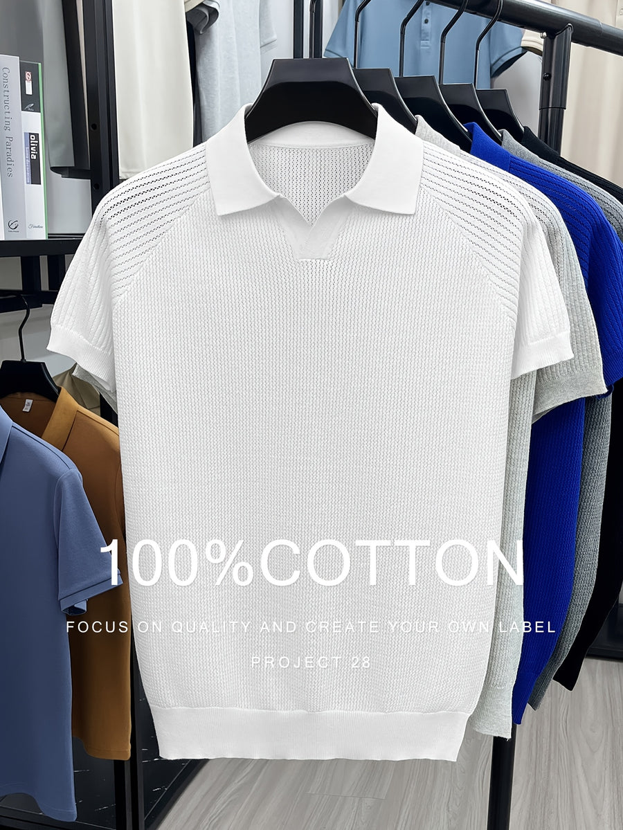 100% High Quality Light Luxury Style Men'S Short Sleeve Seagull Collar Pullover Knit POLO Shirt Fashion Casual Suitable for Outdoor Sports Golf Base Layer Top Vertical Stripe Pinstripe Texture Hollow Design Easy Commuter Light Business Style Lapel C - Pearl White