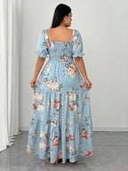 Plus Size, Elegant Women's Floral Print Dress with Ruched Detailing - Sky Blue