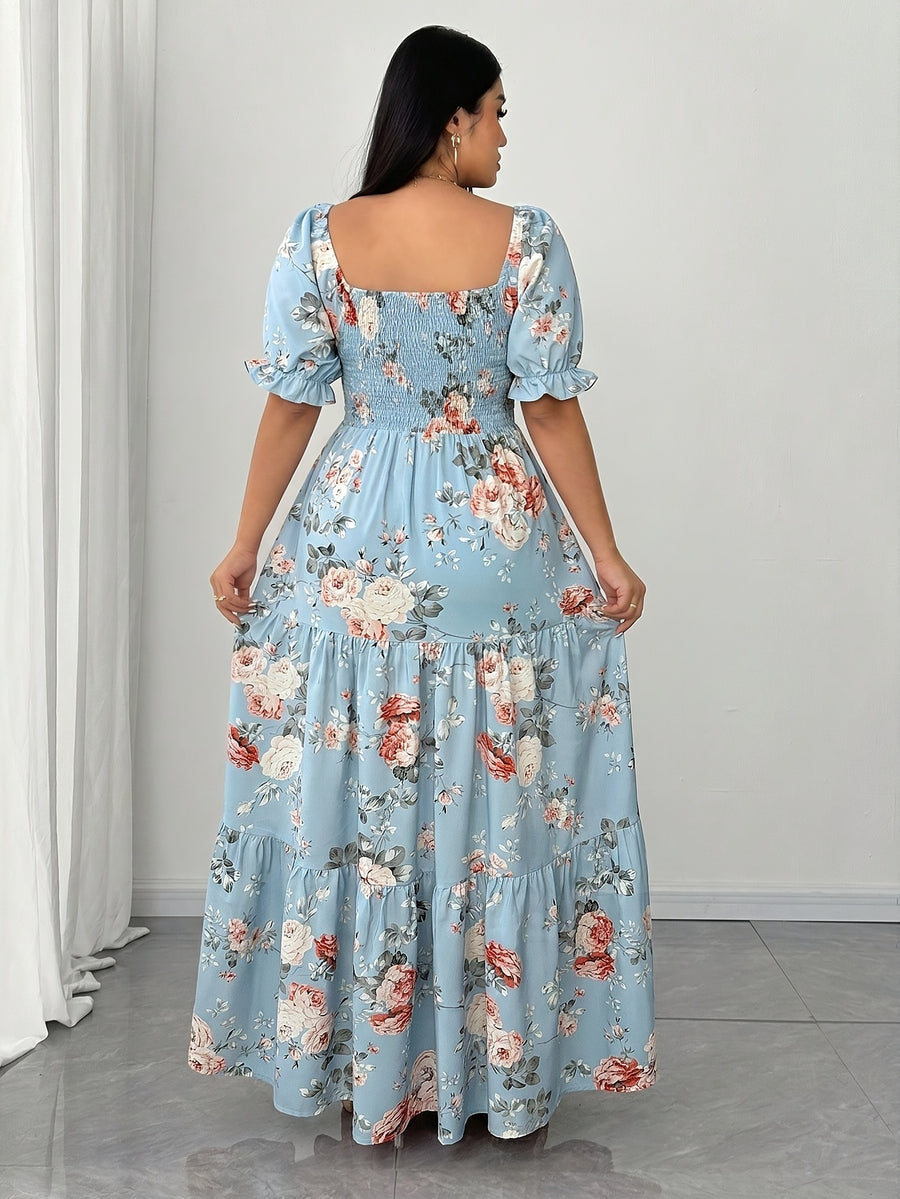 Plus Size, Elegant Women's Floral Print Dress with Ruched Detailing - Sky Blue