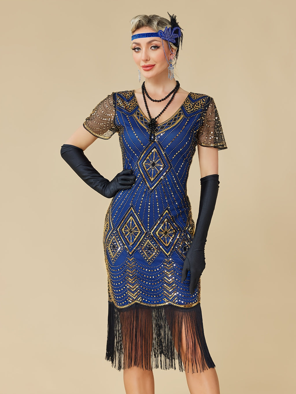 1920S Vintage Sequin Skirt Gatsby Ball Fringe Dress Party Evening Dance Dress Sequined Gown (Dress Solely, No Gloves) - Golden Blue
