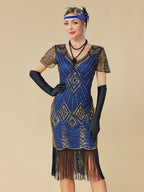 1920S Vintage Sequin Skirt Gatsby Ball Fringe Dress Party Evening Dance Dress Sequined Gown (Dress Solely, No Gloves) - Golden Blue