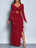 Women'S Spring/Summer Bridesmaid Dress: Sequined Fabric, Solid Color, Long Sleeve, Waist with Hollowed-Out Ruffle Detail, Hip Pleat, High Slit, Ruffle Dress Elegant for Commute, Casual Dating, Sexy, And Romantic - Burgundy