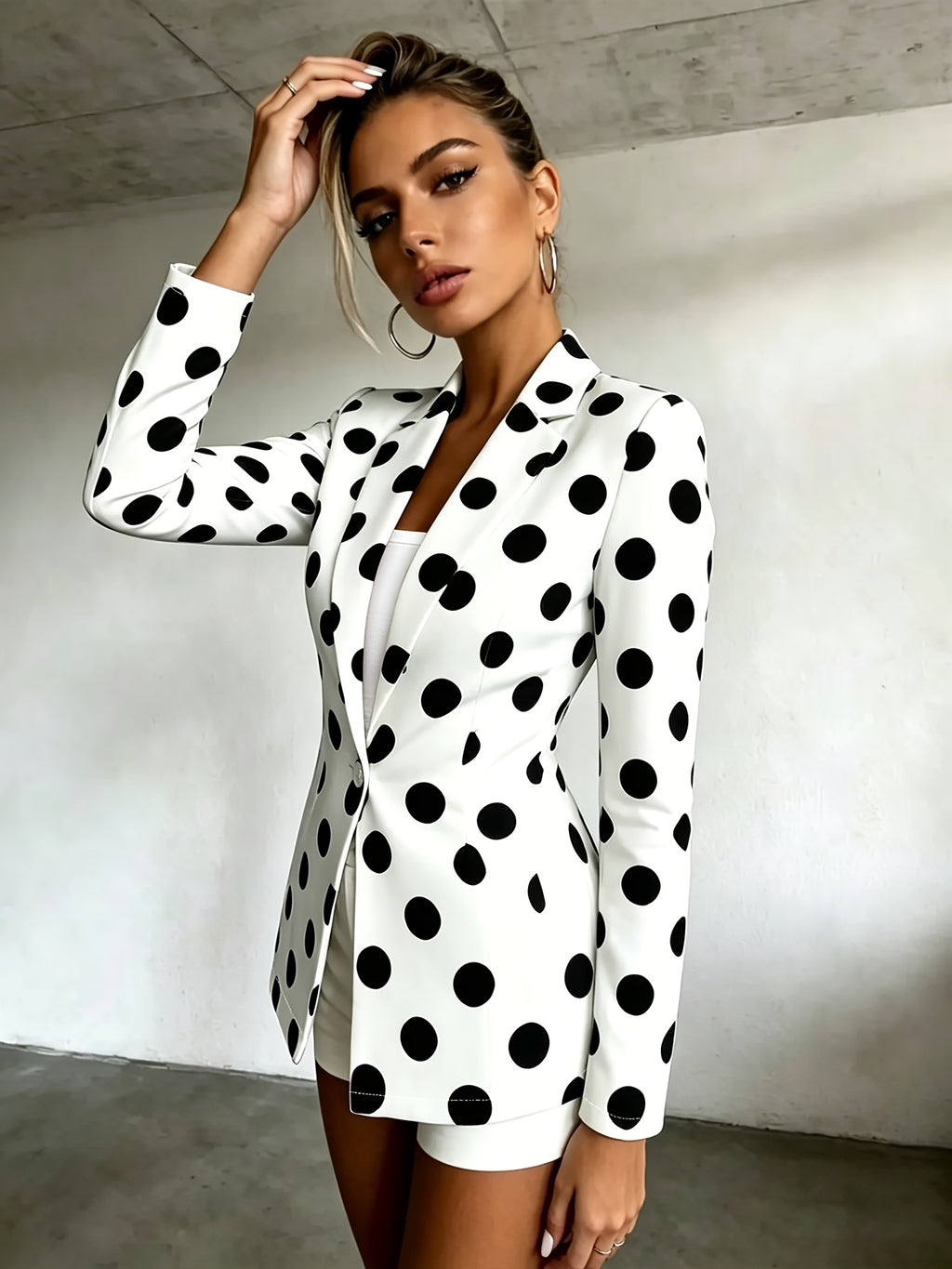 Women's Polka Dot Pattern Button-Up Long Sleeve Blazer, Women's Top, Suitable for Spring, Summer, Autumn, A Must-Have Item for All Seasons, Machine Washable, for Office Commuting and Casual Outings - White