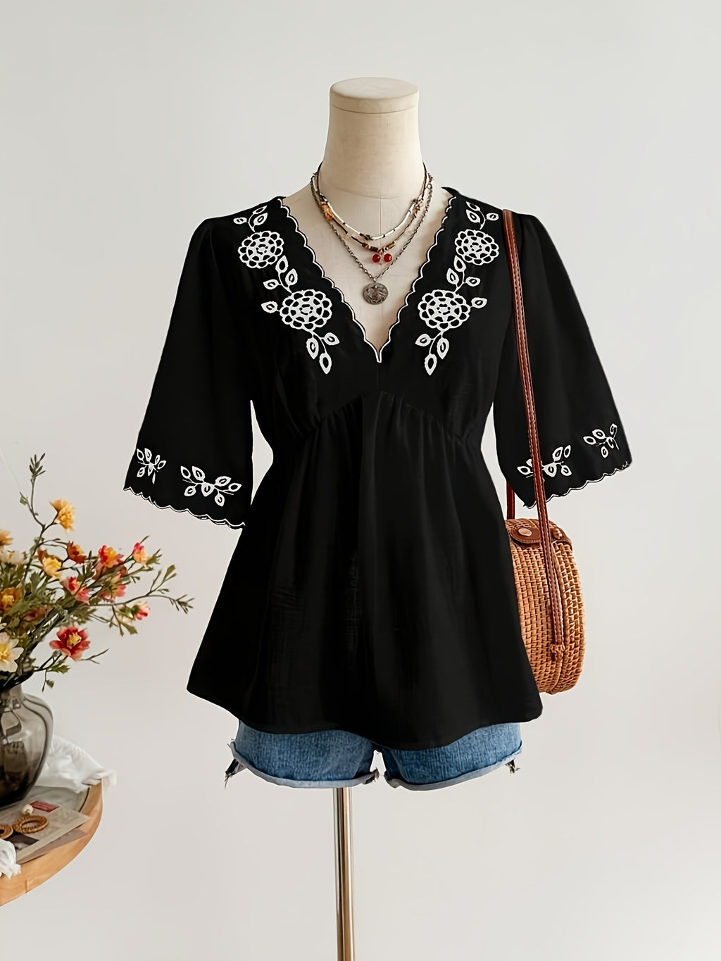 [AK260312266] Women'S Short Sleeve V-Neck Casual Vacation Embroidered Top, Bohemian Easter Beach Outfit, Hawaiian Music Festival Tropical Holiday, Black Summer - Black