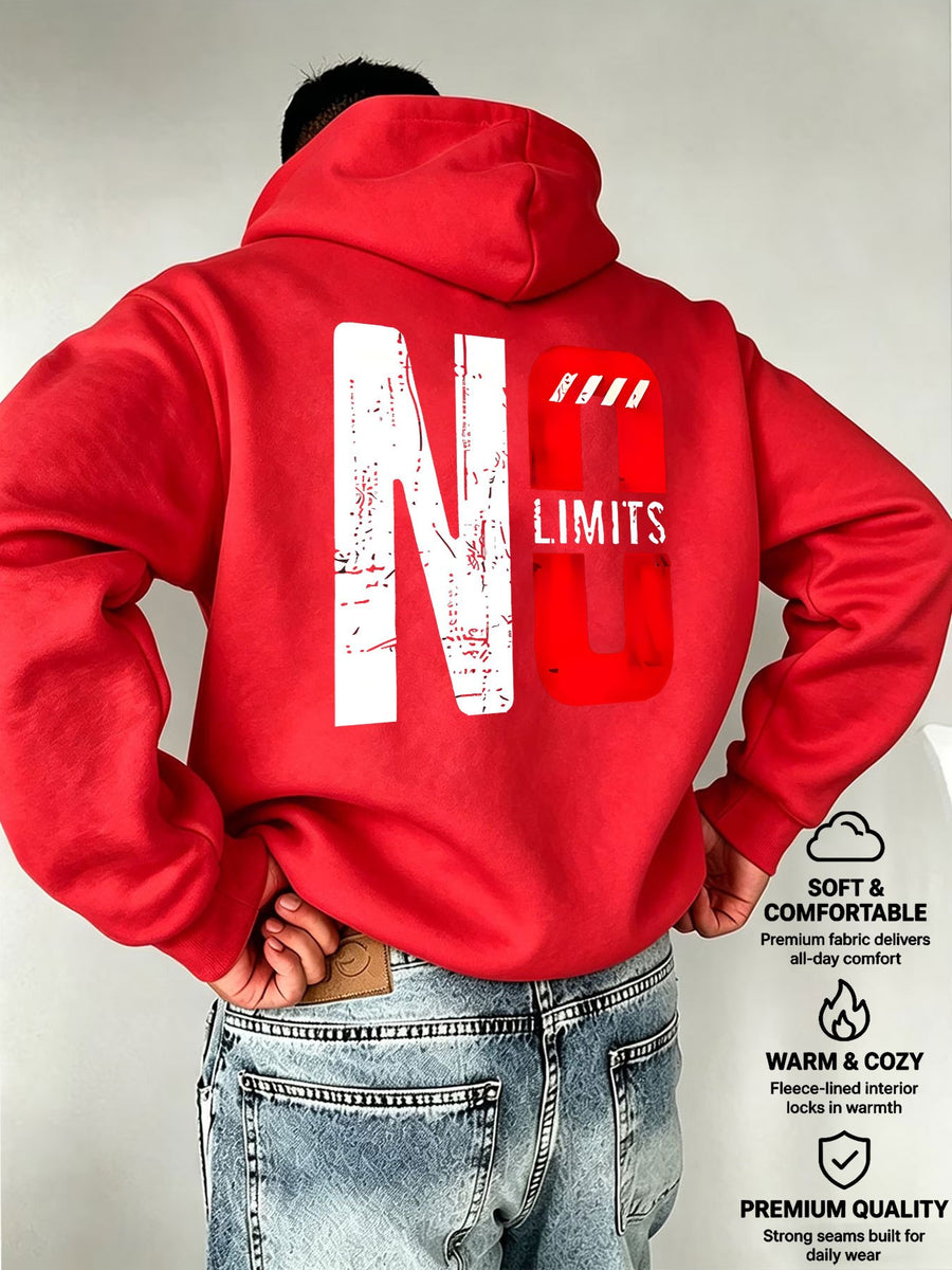 Men's Oversized Hooded Sweatshirt with NO Contrast Color Bold Letter Print, European and American Street Style Casual Sweatshirt - Red