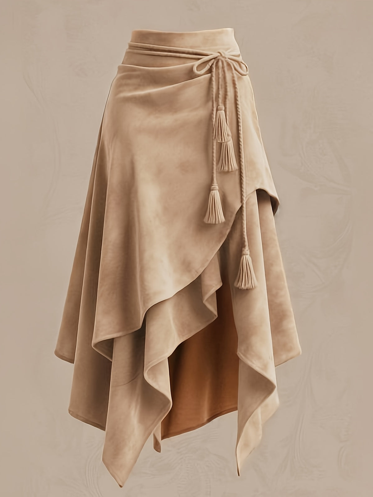 Vintage-style Irregular Midi Skirt with Waist Tie and Fringe Detail - ZLLZ - Camel