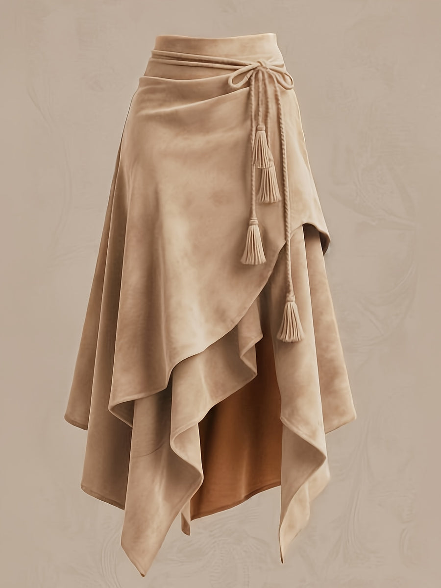 Vintage-style Irregular Midi Skirt with Waist Tie and Fringe Detail - ZLLZ - Camel