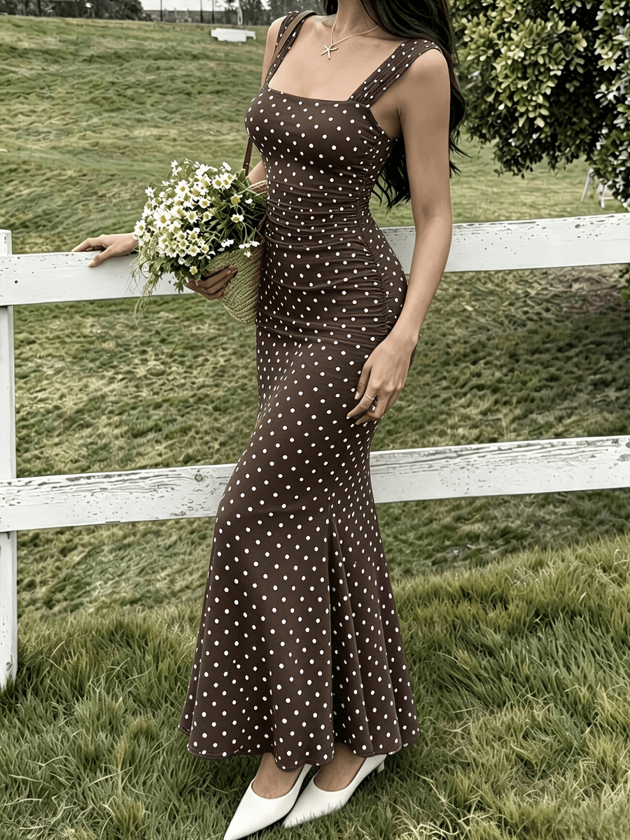 Elegant Women's Polka-dot Printed Maxi Dress with a Square Neckline, Body-hugging Mermaid Hem, and Thigh-high Slit Design - Dark Brown