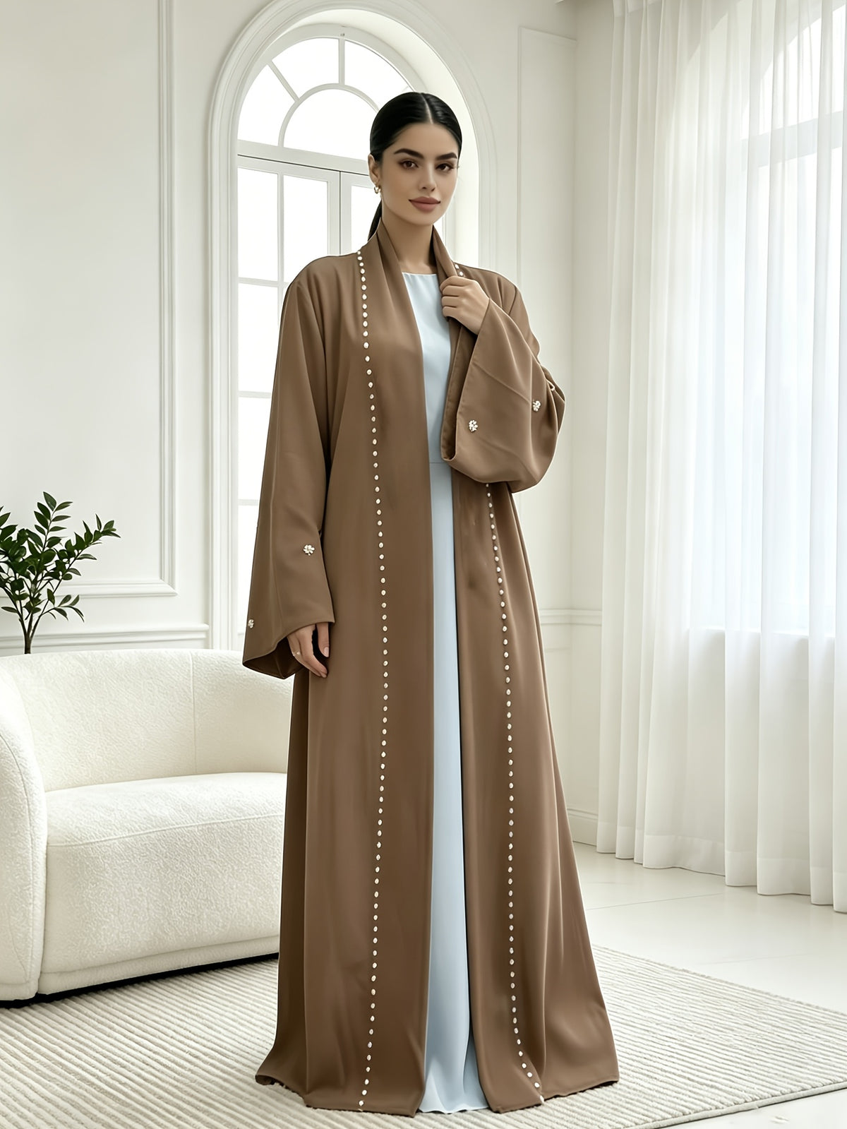 1pc Fashionable, Elegant And Casual, This Pearl-Studded Solid-Colored Abaya Cardigan Is Perfect for Everyday Wear. It Is Loose And Comfortable for Women. Muslim Women Clothes Abayas for Women Muslim Long Frocks for Women Jebba Tunisienne Femme - Khaki