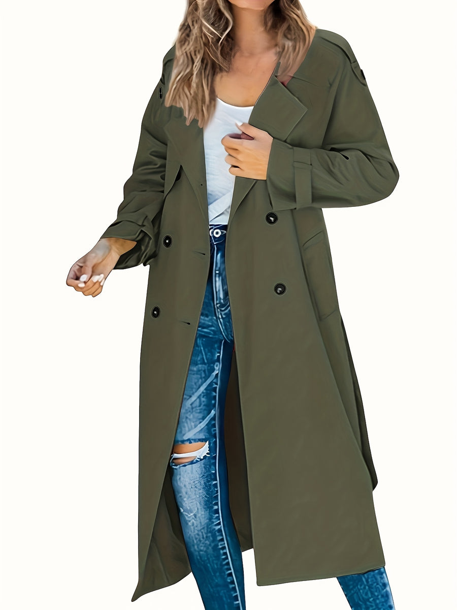 Women'S Autumn Winter Casual Temperament Solid Color Trench Coat Mid-Length Outerwear - Olive Green