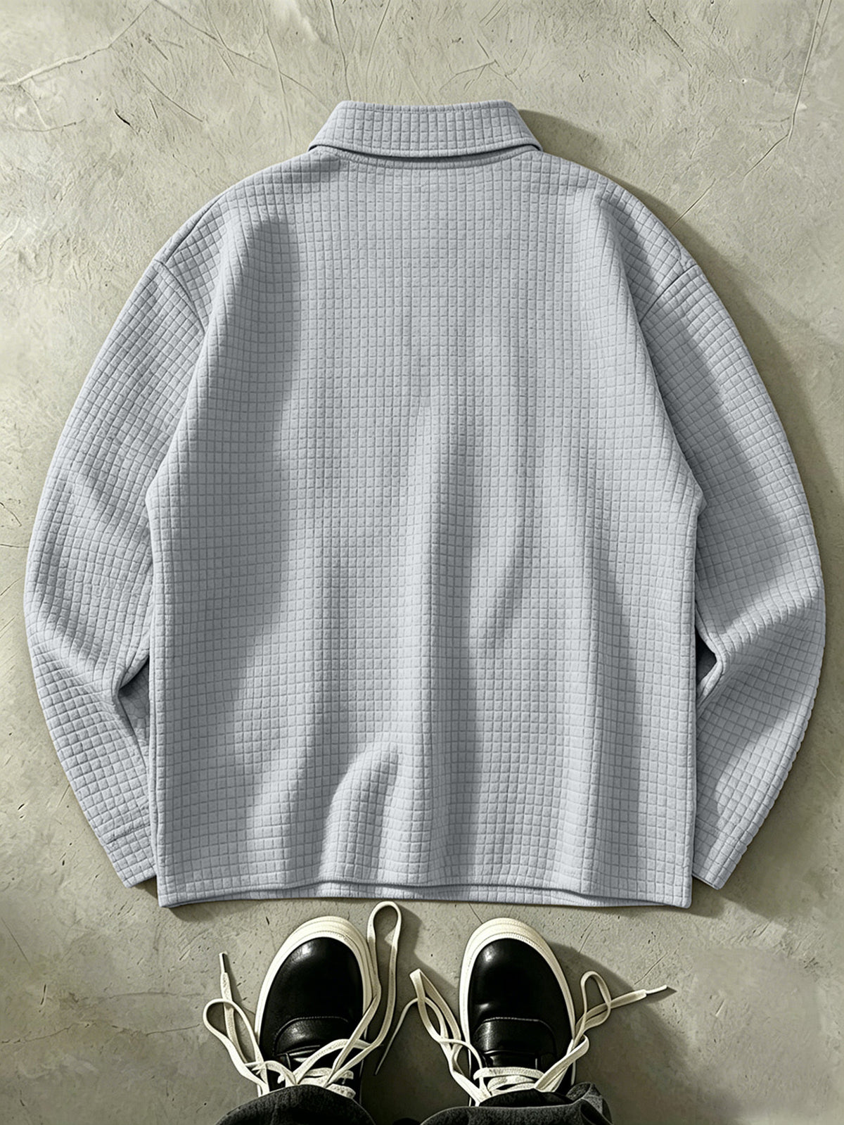 LOS ANGELES Men'S Half-Zip Fashion Waffle Texture Autumn Winter Casual Athletic POLO Shirt Sweatshirt, Street Style Versatile Trendy Long Sleeve Top - Grey