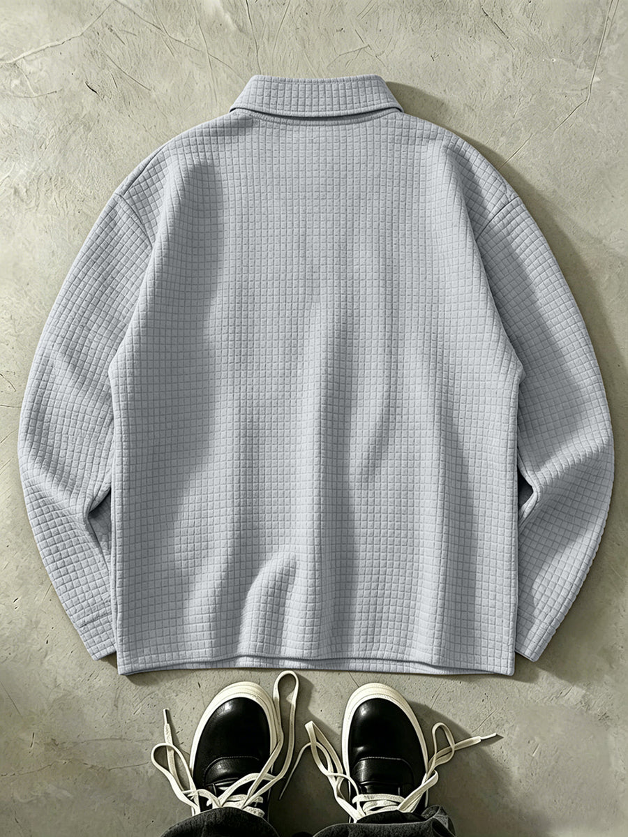 LOS ANGELES Men'S Half-Zip Fashion Waffle Texture Autumn Winter Casual Athletic POLO Shirt Sweatshirt, Street Style Versatile Trendy Long Sleeve Top - Grey