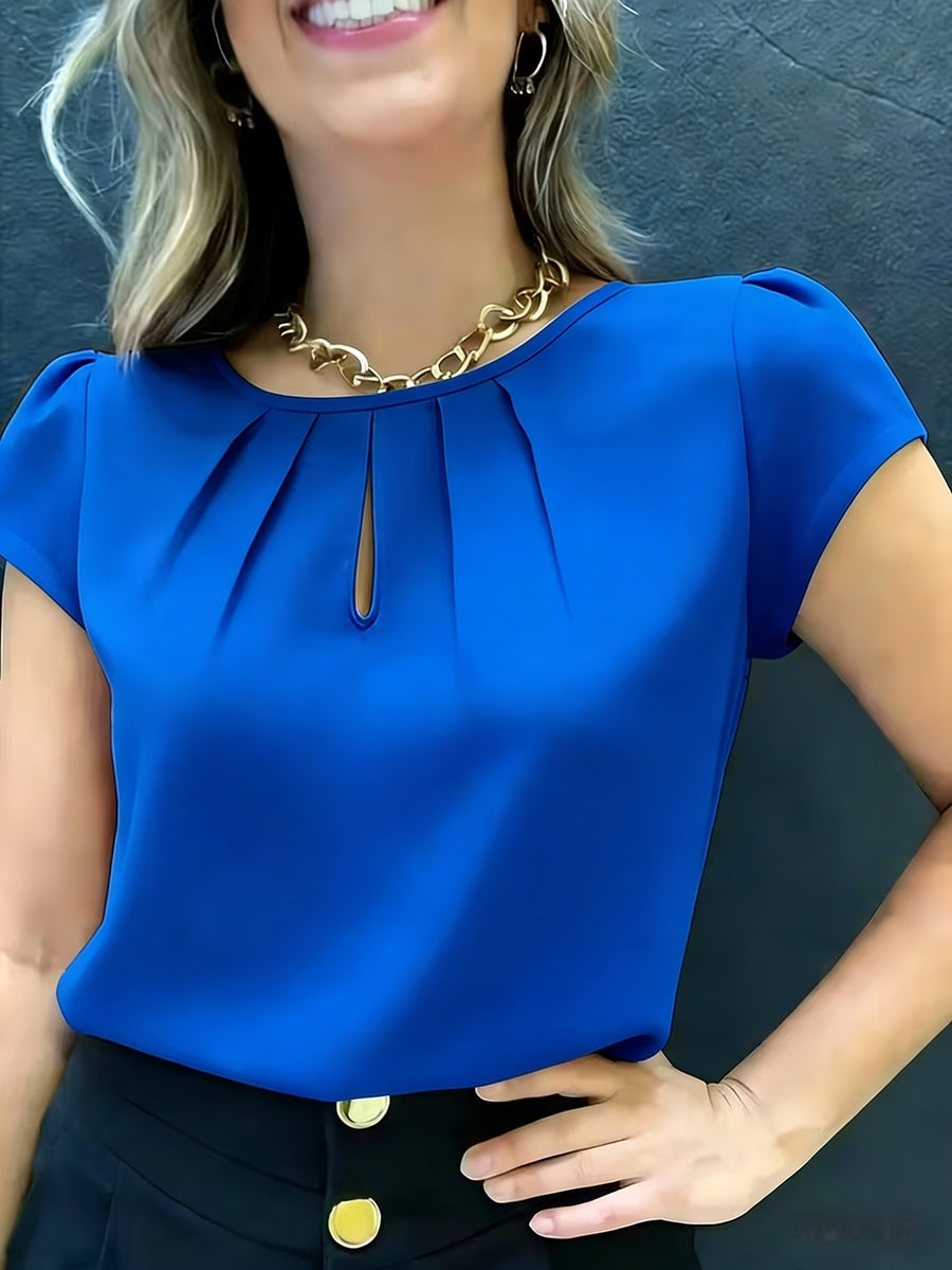 Elegant Fashion Solid Color Round Neck Top for Women - Blue