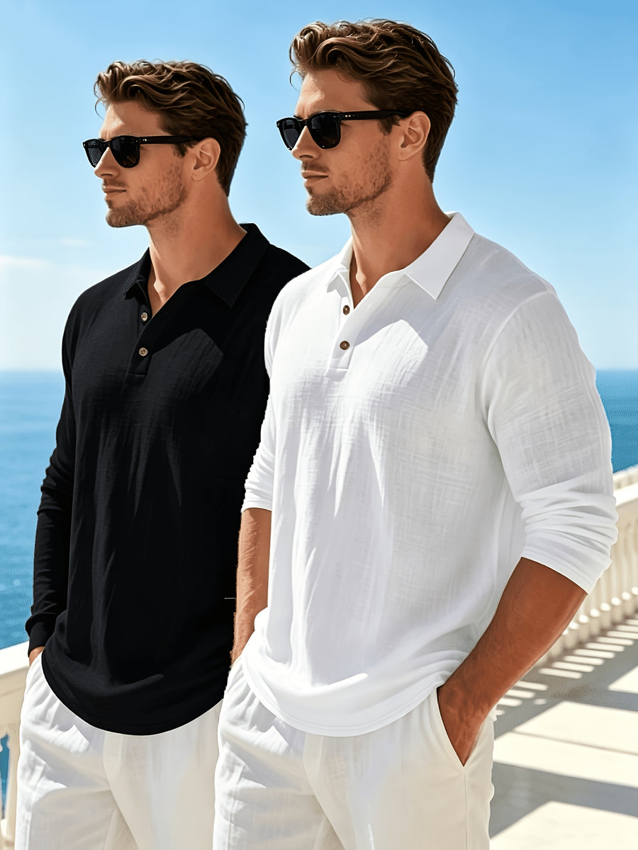 Men'S Textured Collar Button Polo Shirt, Regular Breathable Casual Outdoor Sports Versatile Top, 2pcs Set - Black+Light White