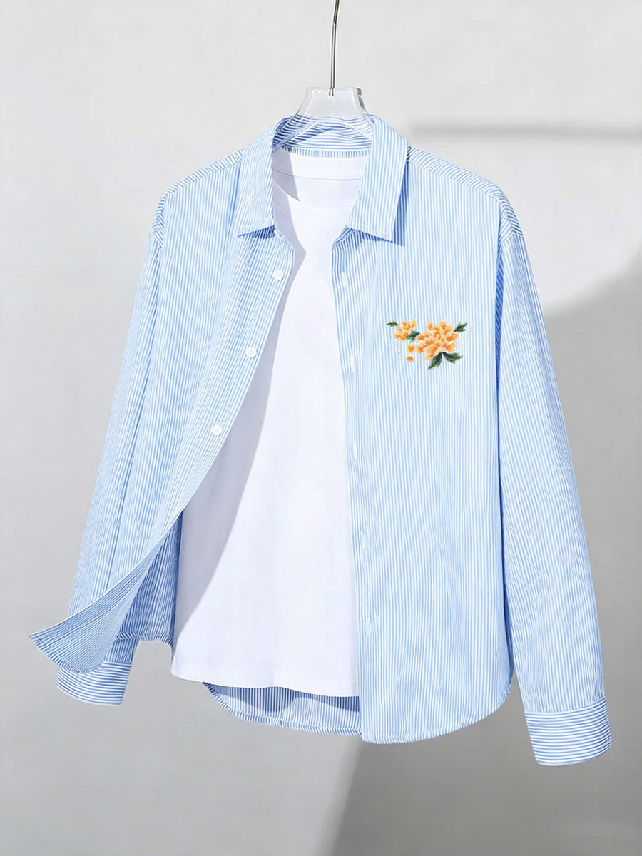Early Spring/Autumn New Arrival: Artistic Vintage Fashion Embroidered Patch Print Long Sleeve Slim Stripe Casual Minimalist Men's Shirt - Sky Blue