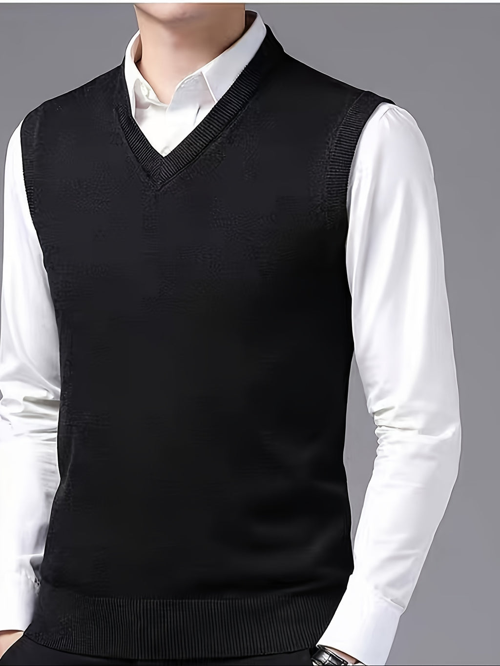 Men's Sleeveless Knit V-neck Vest, a Warm Fabric Suitable for Classic Gentleman's Wear, Autumn/winter Style - Black