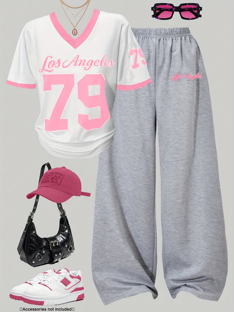 Plus Size Letter + Number 79 Print Short Sleeve Pants Set | Casual Sporty Loose V-Neck Short Sleeve Wide-Leg Pants Set | Summer Autumn Outing Fashion Spliced Collar Contrast Color Short Sleeve Pants Set - Pink/white/gray