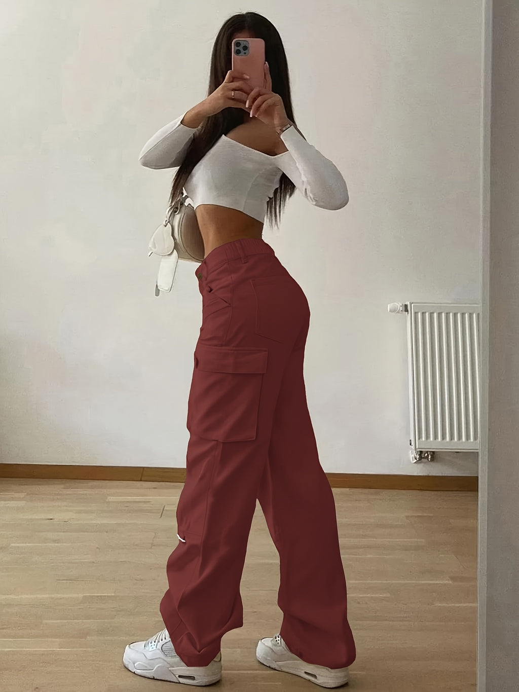 Designer Cargo Pants with Flap Pockets, Women's Elegant Casual Solid-color Trousers, Women's Pants - Burgundy