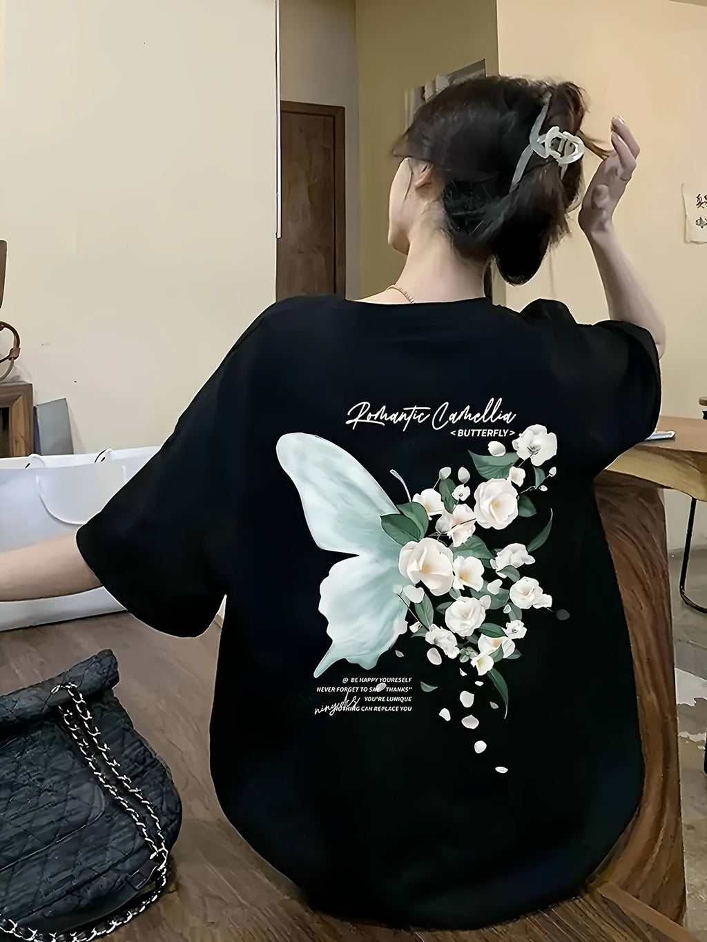 Women's Oversized Short-Sleeve T-Shirt with Double-Sided Butterfly Print - Soft Breathable Polyester Blouse-Compatible Top | Round Neck Loose Fit Casual Shirt Suitable for Spring/Summer Casual Attire, Machine Washable - Black