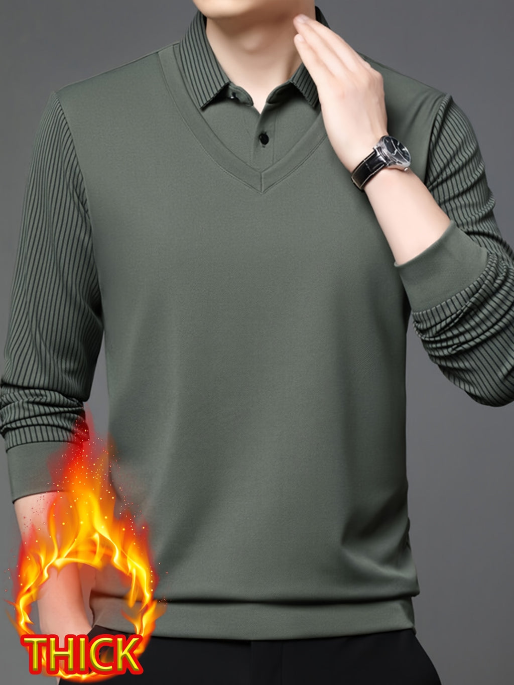 Men'S Autumn Casual 2pcs Collar Long Sleeve Top, V-Neck Vest with Striped Sleeves, Business Style, Suitable for Commuting And Entertaining - Green