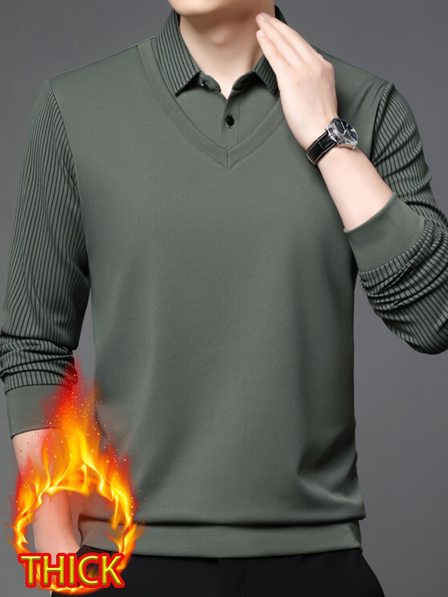 Men'S Autumn Casual 2pcs Collar Long Sleeve Top, V-Neck Vest with Striped Sleeves, Business Style, Suitable for Commuting And Entertaining - Green