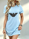 Printed Design Not Textured, Casual Ladies Dress, Eagle Graphic Print, Summer Beach Outing, Gift for Girlfriend, 100 Percent Polyester - Sky Blue
