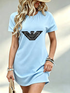 Printed Design Not Textured, Casual Ladies Dress, Eagle Graphic Print, Summer Beach Outing, Gift for Girlfriend, 100 Percent Polyester - Sky Blue