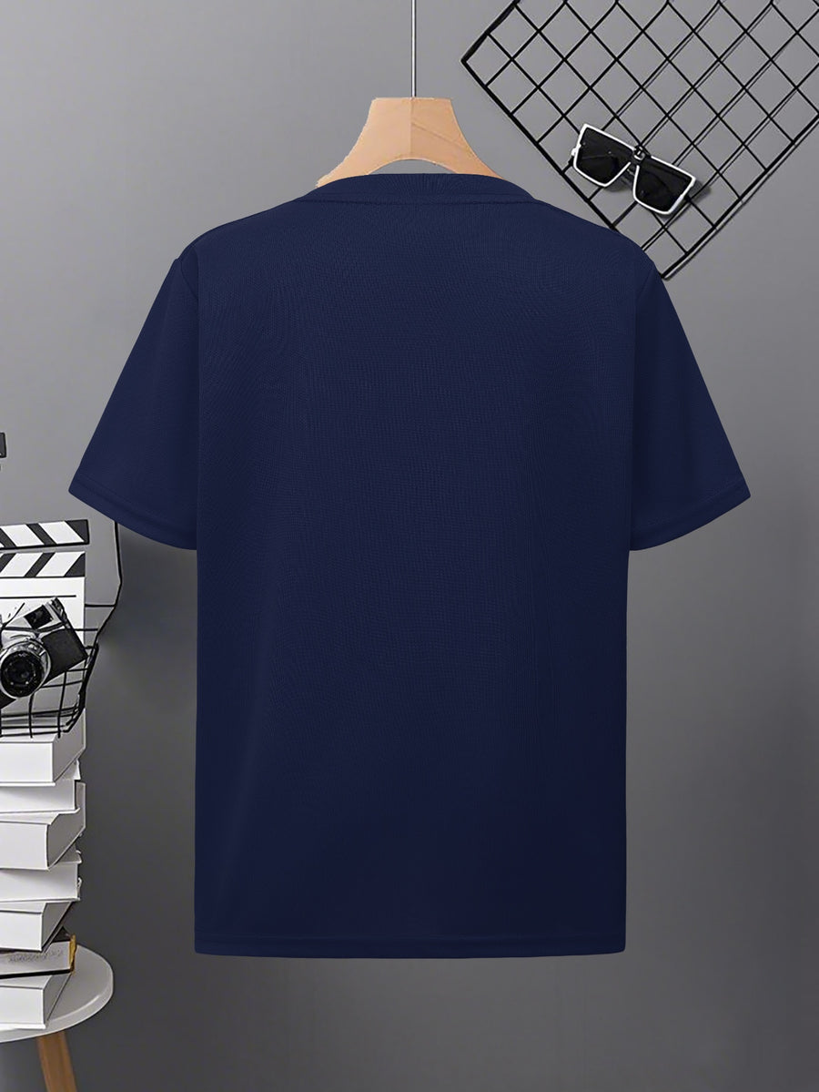 Men's Breathable Crew Neck Short Sleeve T-Shirt with Moon & Water Reflection Print - Minimalist Suitable for - Casual Wear, Machine Washable Basic Tee for Daily Commute, Outdoor Travel, and -Casual Outfits - Navy Color