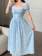 Charming Romantic Dumb Flower Patchwork Lace Collar Long Sleeve Waist-Cinching Elegant Dress, Vacation Wear, Women'S Dress - Light Blue