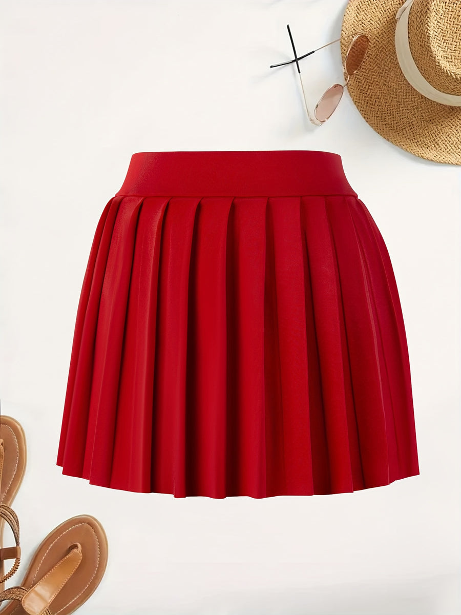Solid Color Versatile High-Waist Pleated Mini Skirt - Flattering And Stylish for Women - Red