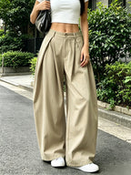 Women's Elegant Vintage High-Waisted Wide- Pants - Loose Fit Solid Green Trousers with Curved Hem & Zipper Closure, Machine Washable Suitable for Spring/Summer Casual Streetwear, Office, Casual Attire - Khaki