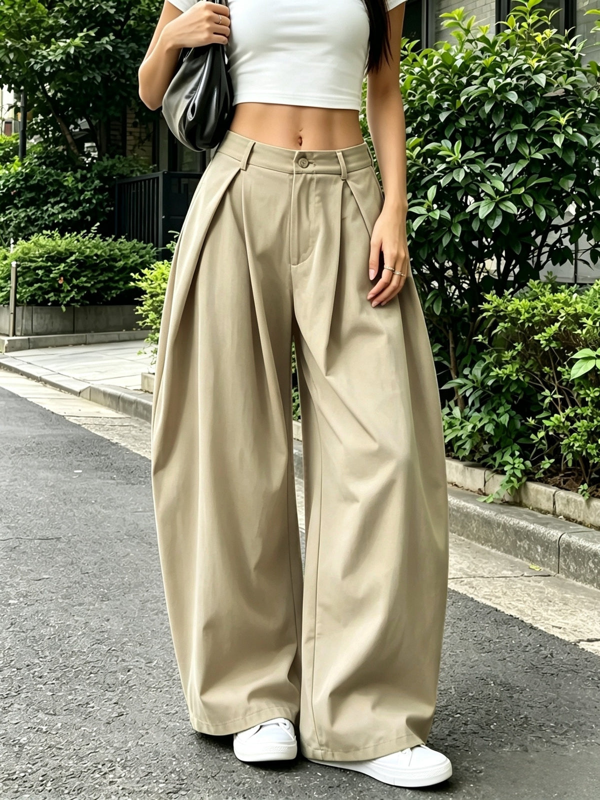Women's Elegant Vintage High-Waisted Wide- Pants - Loose Fit Solid Green Trousers with Curved Hem & Zipper Closure, Machine Washable Suitable for Spring/Summer Casual Streetwear, Office, Casual Attire - Khaki
