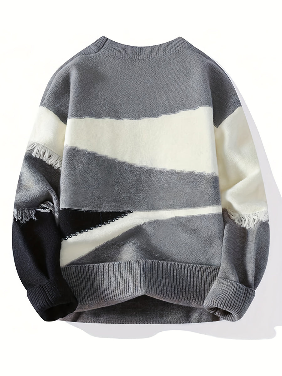 Men'S Color Block Fringe Sweater - Soft Knit Loose Fit Long Sleeve Winter Warmth - Grey